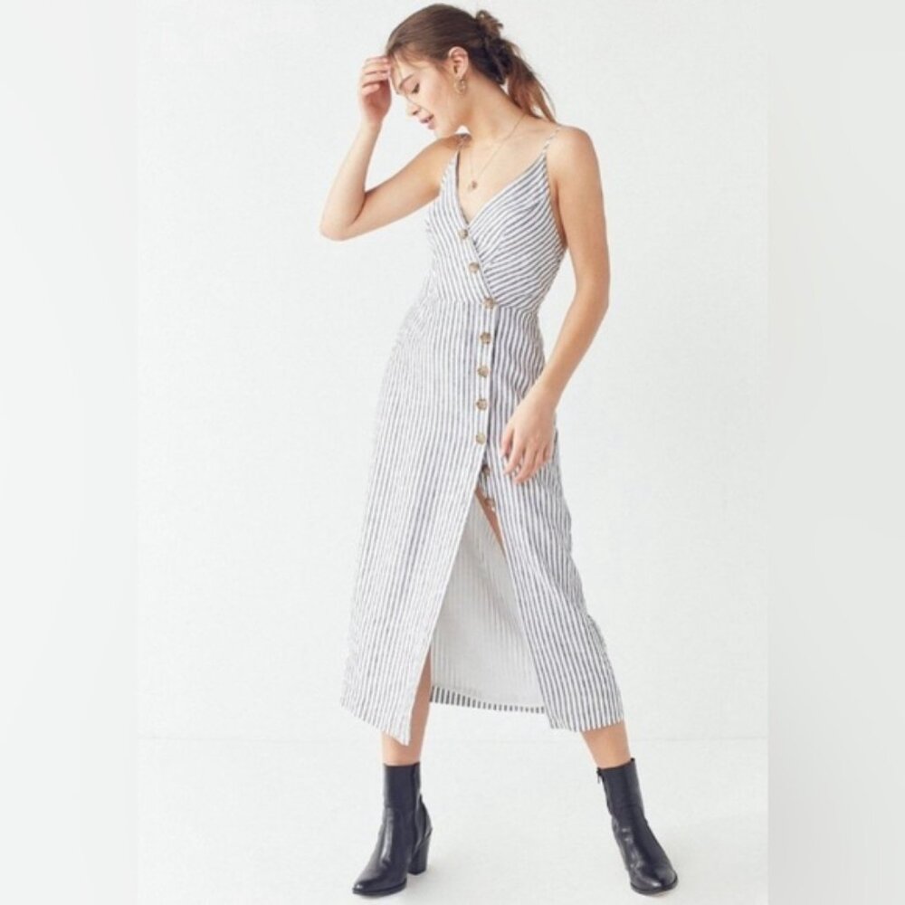Urban Outfitters Amber Striped Linen Button-Through Midi Dress | Size S